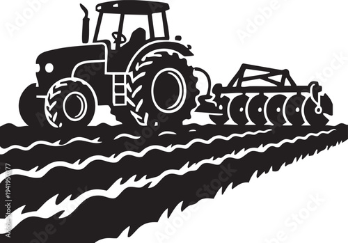 Tractor with Disc Harrow Plowing Silhouette - Farm Tillage Machinery Multi-Disc Plow Agriculture Vector Icon Isolated on White