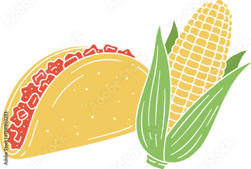 Traditional Mexican food and agriculture illustration featuring a colorful beef taco and a fresh ear of corn with green husks.