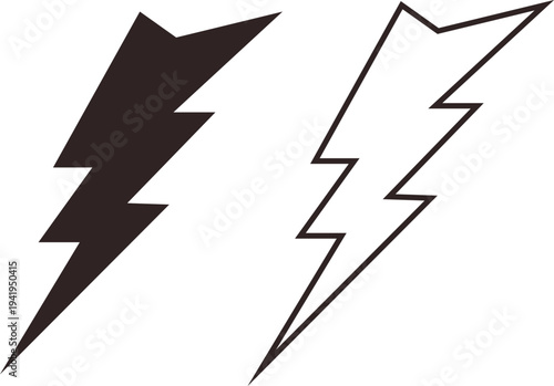 Lightning bolt icons set electric power, energy flash, thunder symbol vector silhouettes and outline shapes for electricity, storm, voltage warning sign design collection group