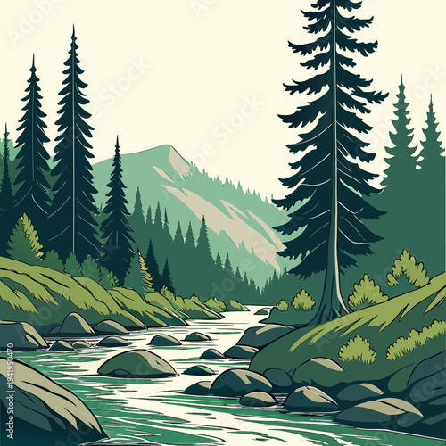 Of alpine river landscape with coniferous trees and mountain