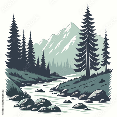 Foto Landscape of alpine forest with stream and mountains