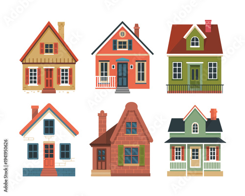 Six colorful detached residential houses with varied architectural styles are displayed against a.