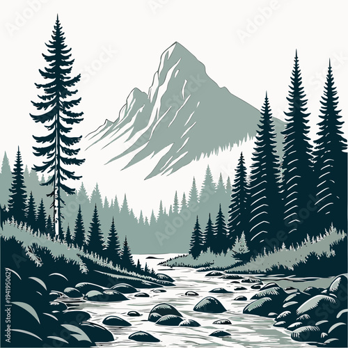 Mountain landscape with river and pine trees nature 2