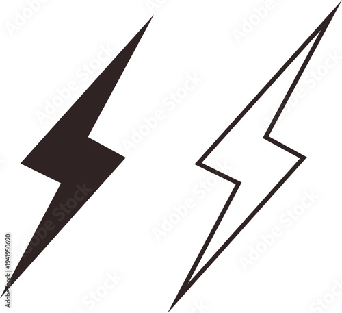 Lightning bolt icons set electric power, energy flash, thunder symbol vector silhouettes and outline shapes for electricity, storm, voltage warning sign design collection group