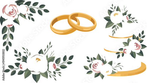 Elegant wedding rings surrounded by floral illustrations and greenery in a celebratory arrangement