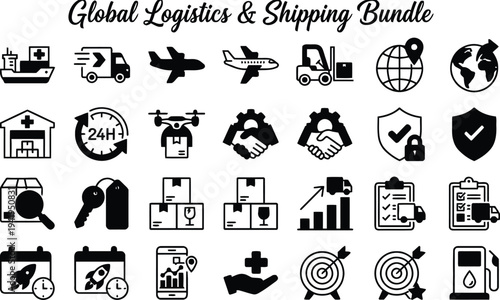 Global Logistics and Shipping Icon Set for Supply Chain Management International Transport Delivery Tracking and Cargo 4k