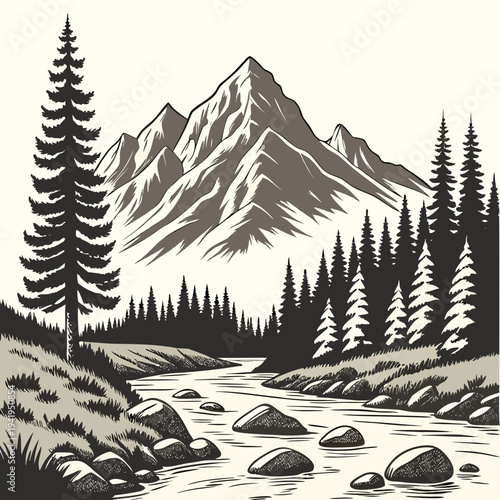 Monochrome mountain landscape with pine trees and river