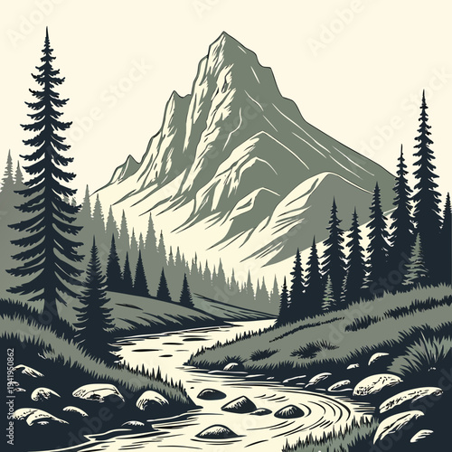 Mountain landscape with river and pine trees wilderness