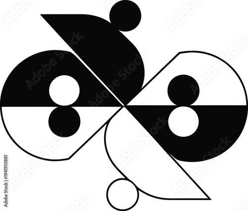 Abstract illustration of yin yang symbol with geometric shapes and circles, representing balance and harmony in a simple, modern design concept wqe