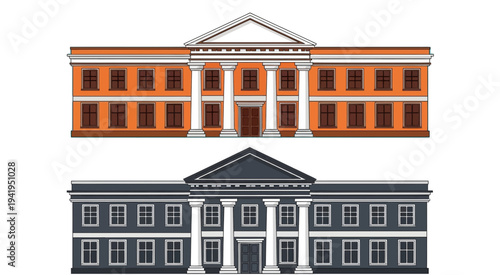 Illustration of two neoclassical buildings with columns and triangular pediments