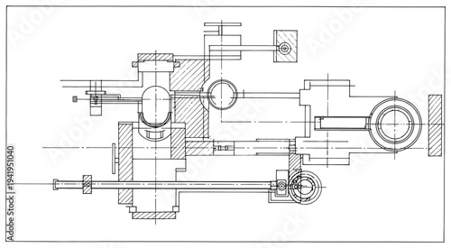 Mechanical assembly drawing with various components and dimensions