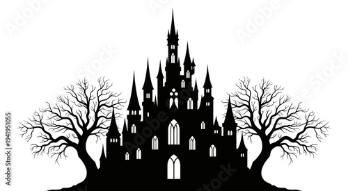 A hauntingly beautiful gothic castle silhouette with bare trees on a white background