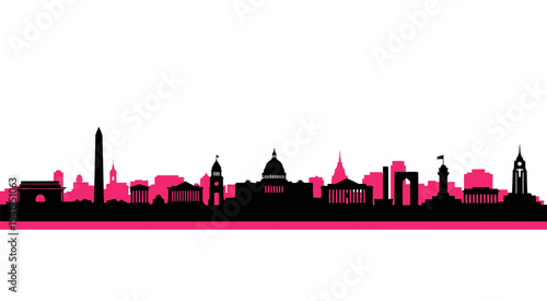 London city skyline with famous landmarks in black and pink silhouette