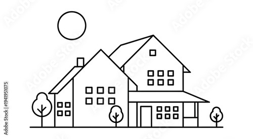 A simple line drawing of a residential neighborhood scene