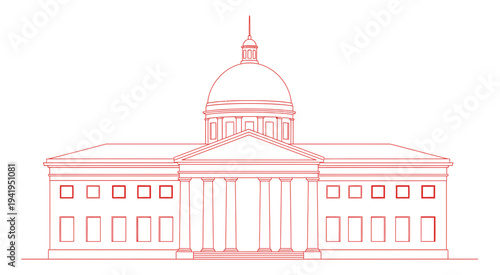 A red line drawing of a building with a large dome and columns