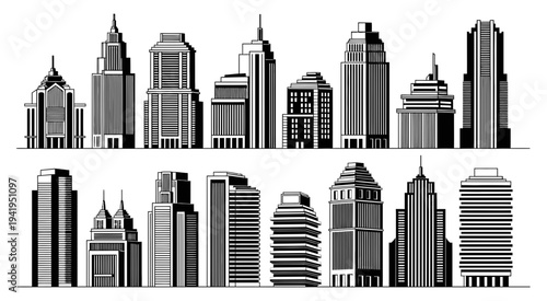 City skyline with various skyscrapers and high rise buildings