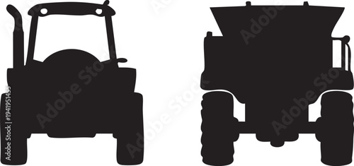 Black silhouette farm tractor front and rear views, agricultural machinery vector illustration, loader tractor with bucket and dump body, rural farming equipment icons, countryside glyph