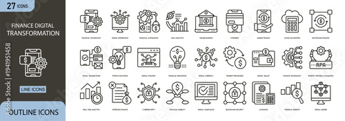 Financial digital transformation icons set representing fintech innovation, online banking, automation, data analytics and modern financial technology systems.