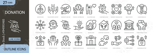 Donation icons set representing charity, giving support, volunteer help, community aid and fundraising concepts in simple outline style.