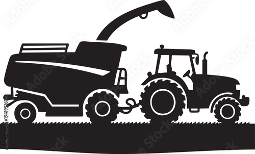 Black silhouette combine harvester unloading into grain cart tractor, farm machinery vector illustration, agricultural harvest equipment, combine with grain wagon side view icon, farming glyph