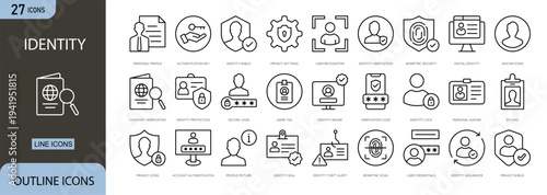 Identity icons set representing personal profile, verification, authentication, user account, digital identity and security in modern outline style.