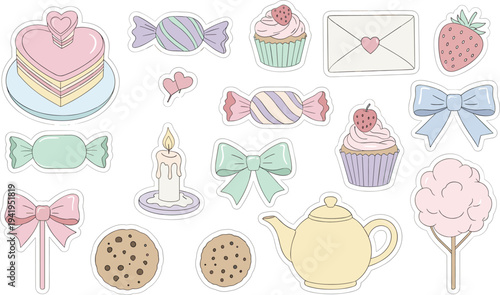 Assorted Sweet Treats in Pastel Colors with Watercolor Style on White Background for Party Invitation