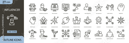 Influencer icons set representing social media promotion, followers, content creation, digital marketing, audience engagement and online brand collaboration.