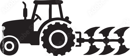 Black silhouette tractor with plow pulling implement, farm machinery vector illustration, agricultural tillage equipment, rural farming tractor side view icon, countryside agriculture glyph