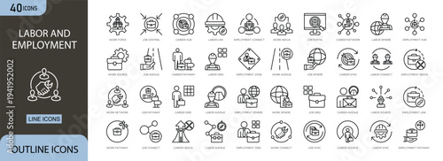 Labor and employment icons set representing workforce, jobs, contracts, workers rights, workplace policy, hiring, payroll and employment regulations in clean outline vector style.