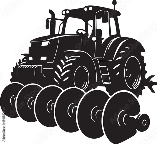 Tractor with Disc Plow Silhouette - Farm Tillage Machinery Multi-Disc Harrow Agriculture Vector Icon Isolated on White