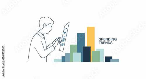 Vector illustration of man analyzing spending trends with bar chart
