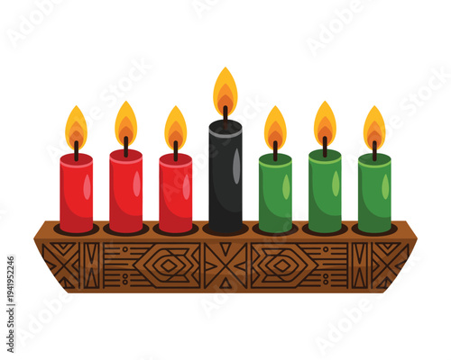 Seven colorful Kwanzaa candles stand lit in a traditional wooden kinara holder for celebration.