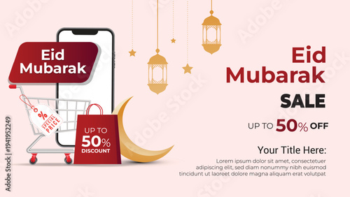 Eid Mubarak big sale with mobile phone elements and crescent moon. online sale concept. vector illustration.