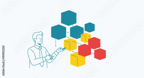 Vector illustration of a man interacting with colorful 3D cubes