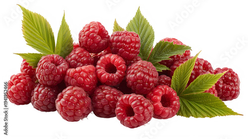 Fresh raspberries with green leaves on white background, healthy food
