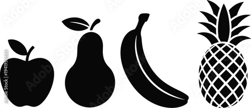Black silhouette of an apple a pear a banana and a pineapple representing a variety of fresh fruits