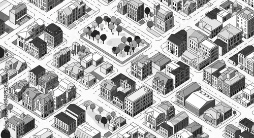 Isometric Cityscape Illustration with Buildings and Green Park.
