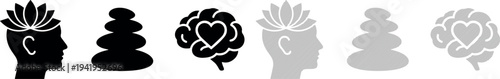 Mindfulness icons set including head with flowers, zen stone, heart in brain, hands in prayer and speech bubble, black and white logo designs for meditation and wellness concepts.