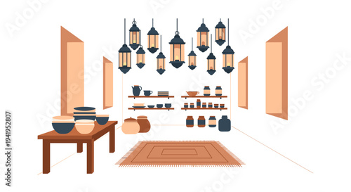 Cozy interior design with hanging lanterns and rustic pottery