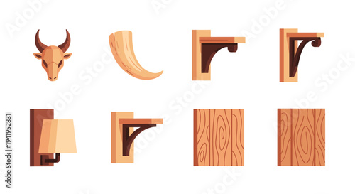 Rustic decor elements collection featuring bull skull wooden textures