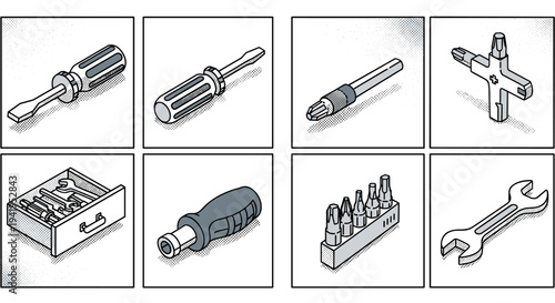 Vintage isometric tool collection with hand-drawn shading for diy and