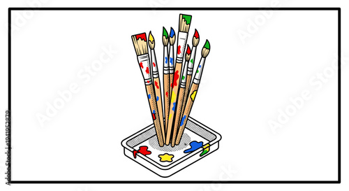 Colorful paintbrushes in tray with colorful blotches