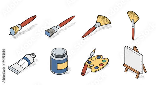 Artistic tools set with paintbrushes palette and easel in isometric