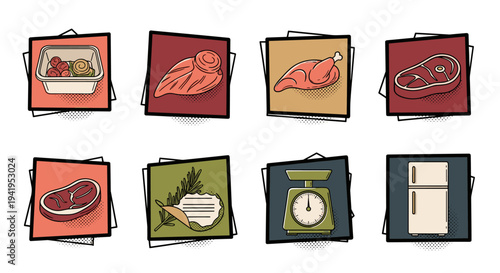 Colorful retro meat and kitchen icons with vintage style for culinary