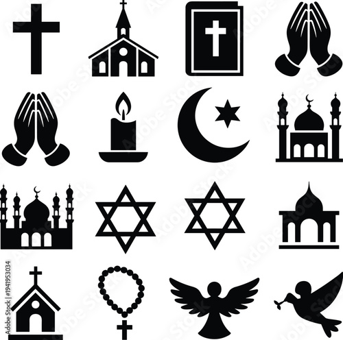 Collection of religious symbols including crosses, mosques, churches, Star of David, Bible, rosary, candle, and angel