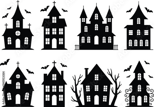 Collection of spooky haunted house silhouettes with bats and crosses for Halloween celebrations and decorations