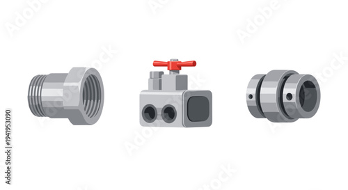 Isometric metal fittings and valves: industrial mechanical components