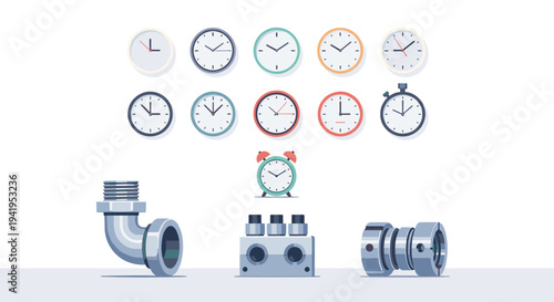 Industrial pipe fittings with diverse clock designs in flat style