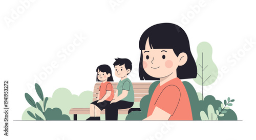 Happy children seated on park bench smiling in minimal style