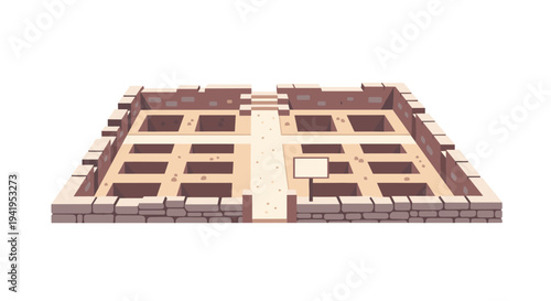 Ancient archaeological site with unearthed ruins and artifacts in